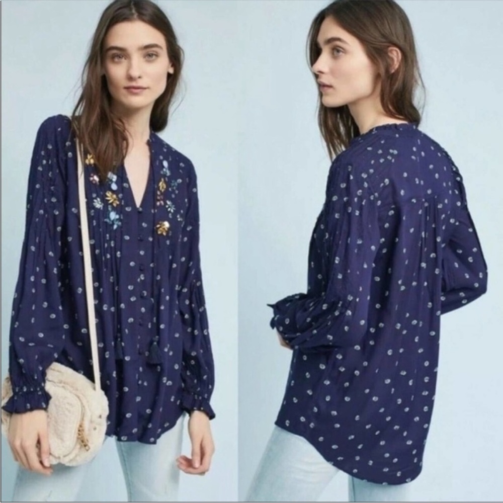 Vanessa Virginia Anthropologie Navy Printed Jeweled Button Front Blouse size 8